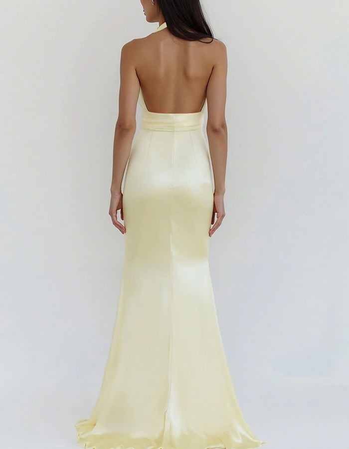 Light Yellow Satin Bodycon Halter V Neck Long Bridesmaid Dress