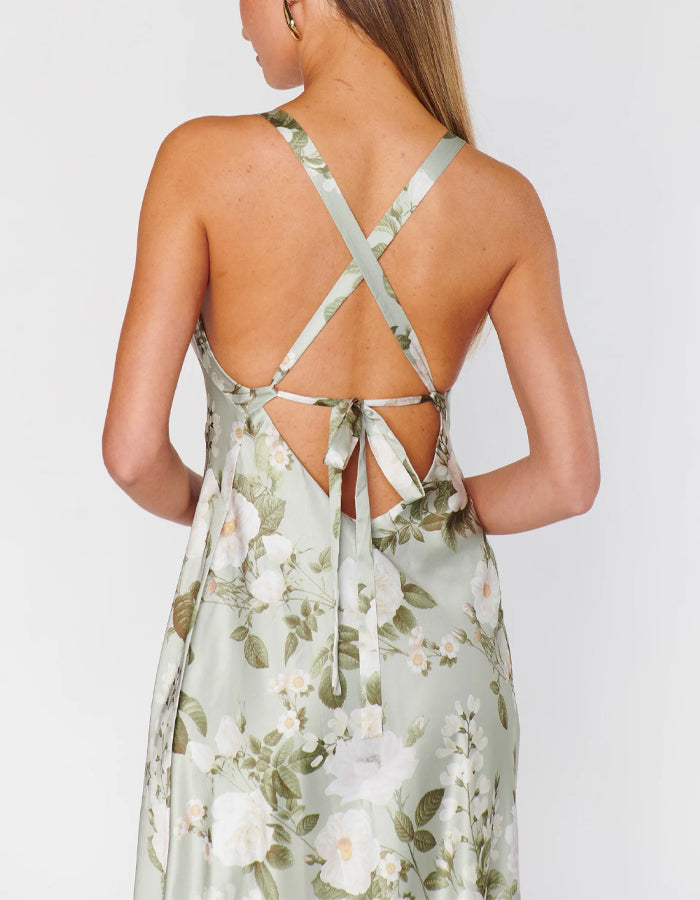 Light Green Floral Pattern V-neck Bridesmaid Dress