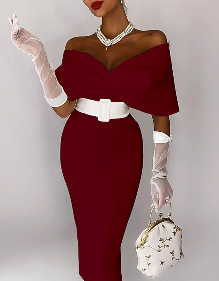 Sleeveless Off The Shoulder Stretch Fabric Midi Dress