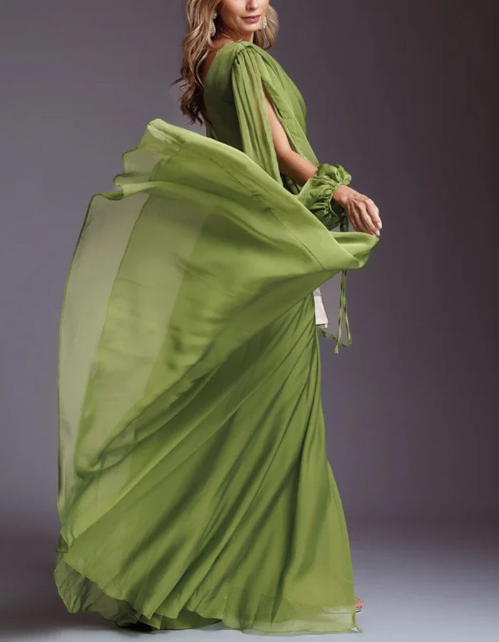 Elegant Chiffon Solid Color Long Slit Puff Sleeve Maxi Dress
