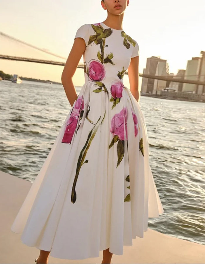 White Floral Print Midi Dress