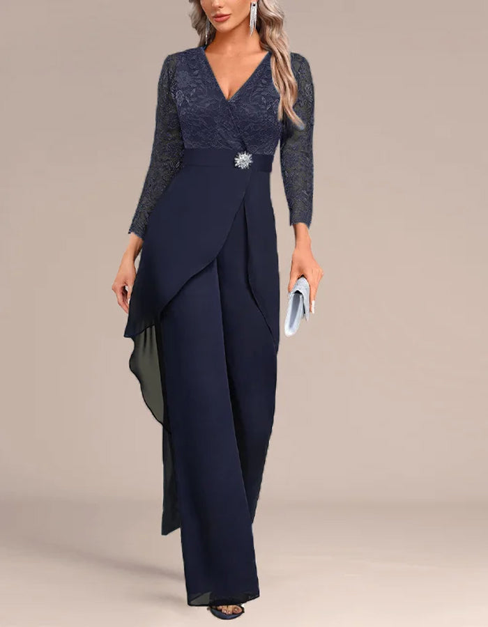 Elegant Lace and Chiffon Jumpsuit with Draped Overlay and Rhinestone