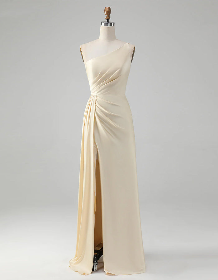 Light Yellow One Shoulder Slit Maxi Dress